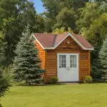Approved Example: This shed is permitted as it utilizes real wood, an approved natural material, and is integrated into the landscape with trees for proper screening.
